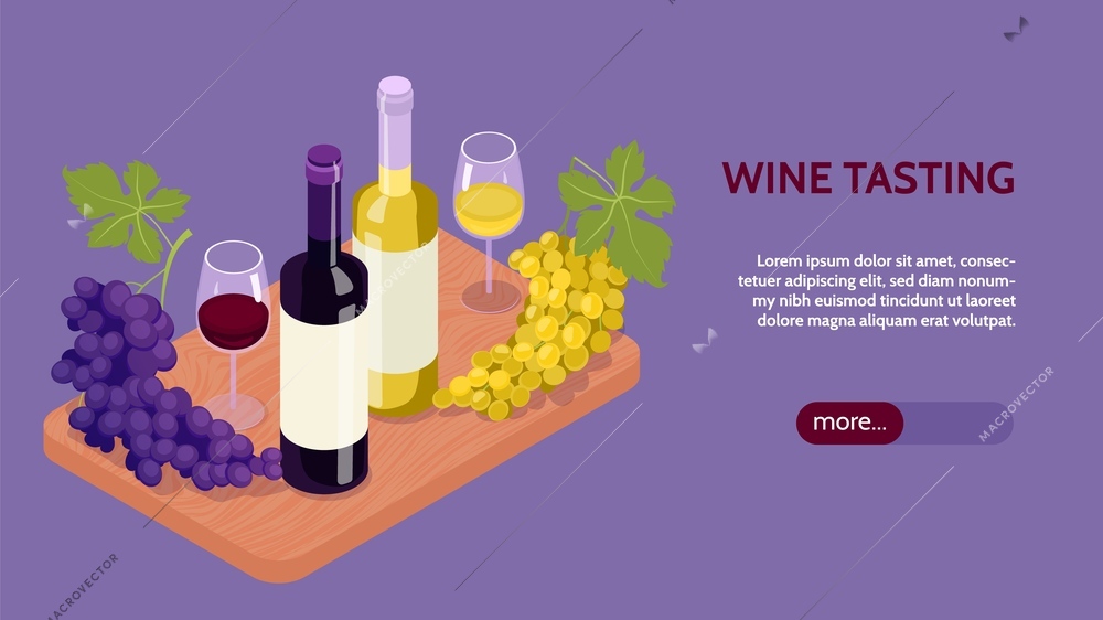 Isometric vineyard horizontal banner with slider more button editable text and carving board with vine drinks vector illustration