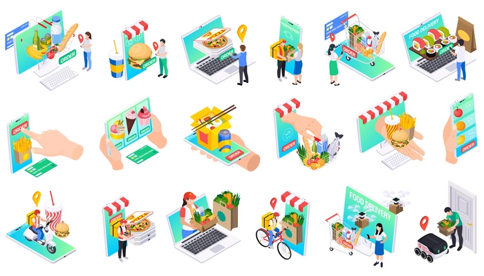 Online takeaway food order delivery service isometric set of isolated icons with people vehicles and gadgets vector illustration