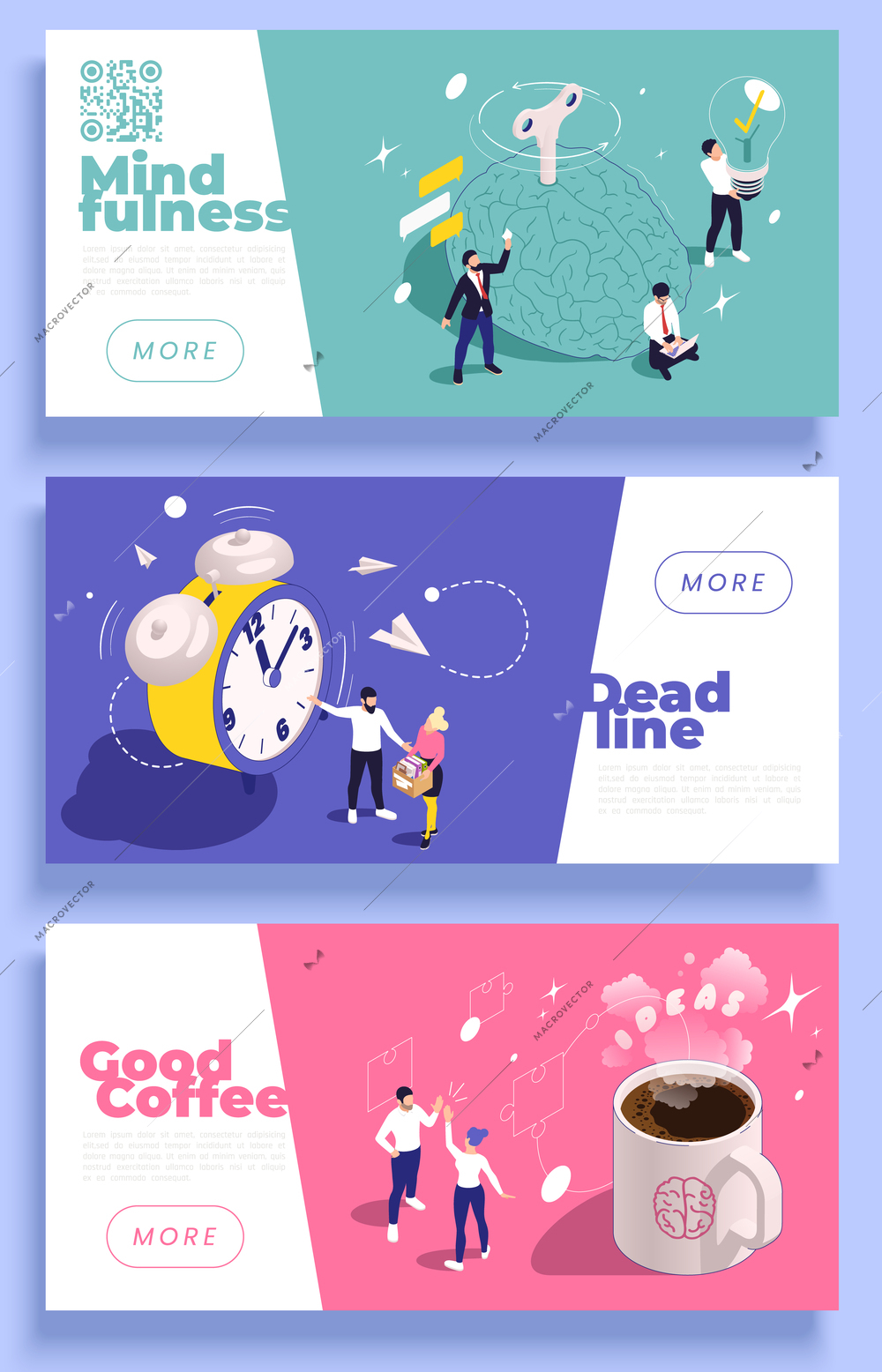 Productivity improvement boosting set of three horizontal banners with isometric images of coffee cup alarm clock vector illustration