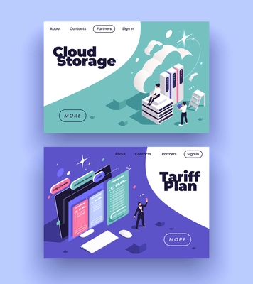 Set with two horizontal web hosting landing pages with isometric icons of cloud storage tariff plan vector illustration