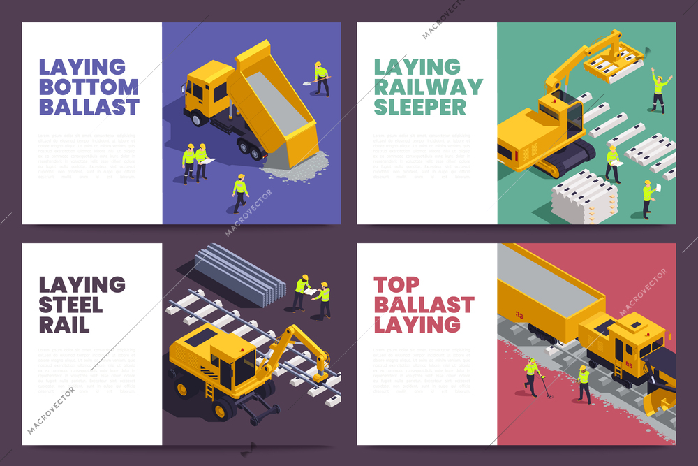 Set of four isolated horizontal banners with isometric railroad track laying construction vehicles railway equipment machines vector illustration