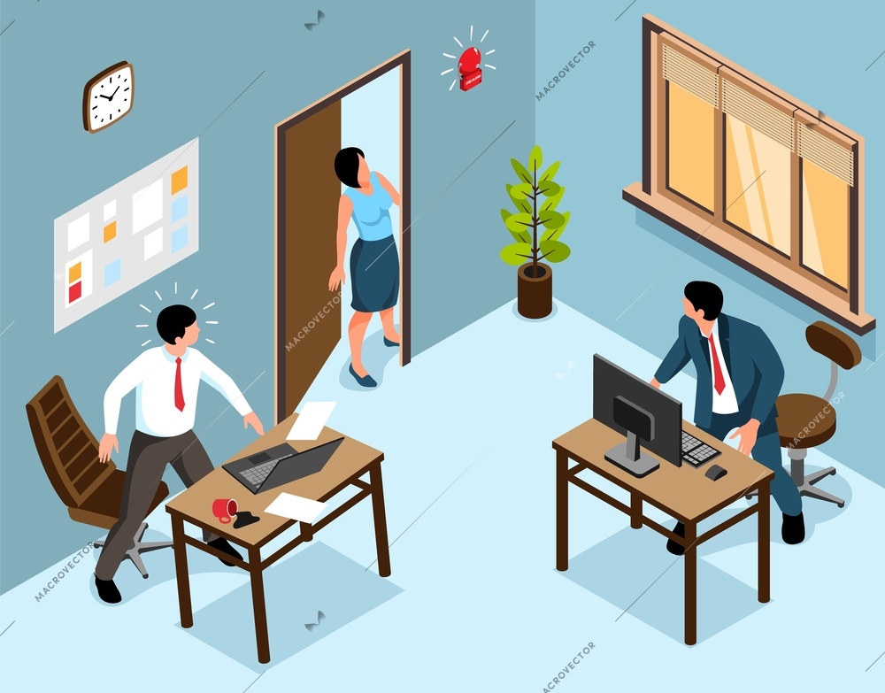 Isometric evacuation concept with office workers listen to fire alarm vector illustration