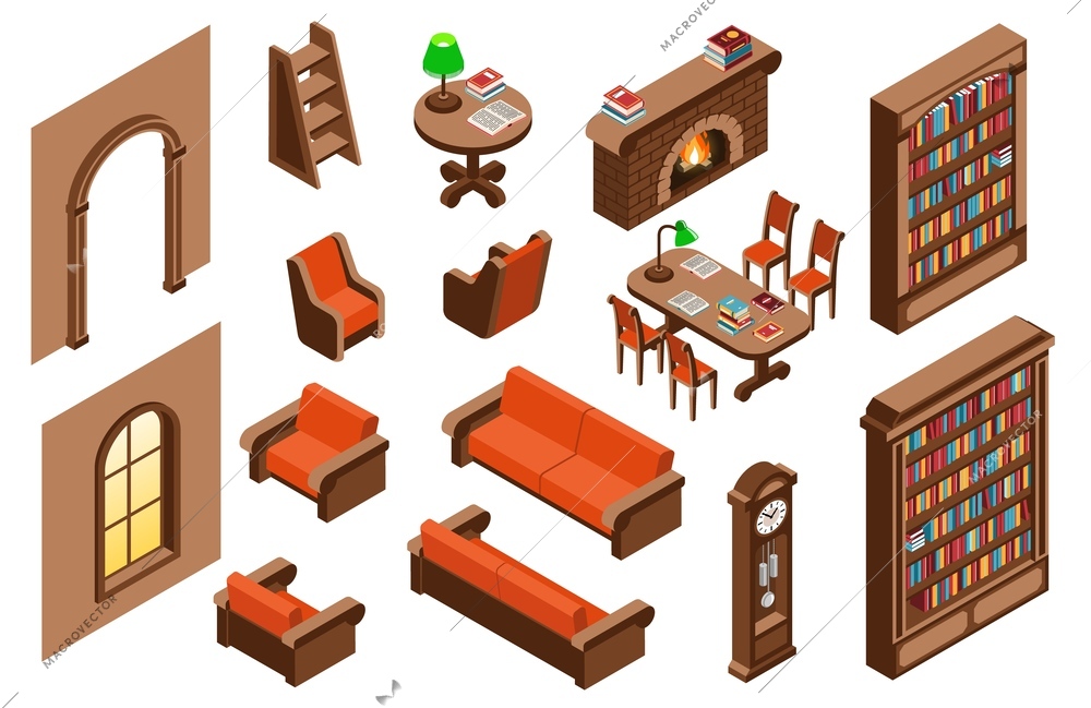 Isometric library interior icons set with bookshelves and furniture items isolated vector illustration