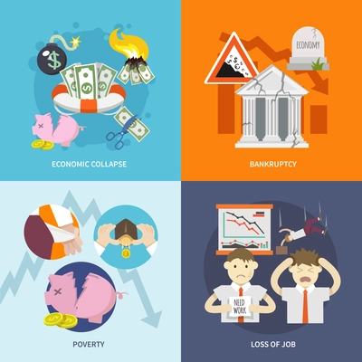 Economic crisis design concept set with collapse bankruptcy poverty job loss flat icon isolated vector illustration