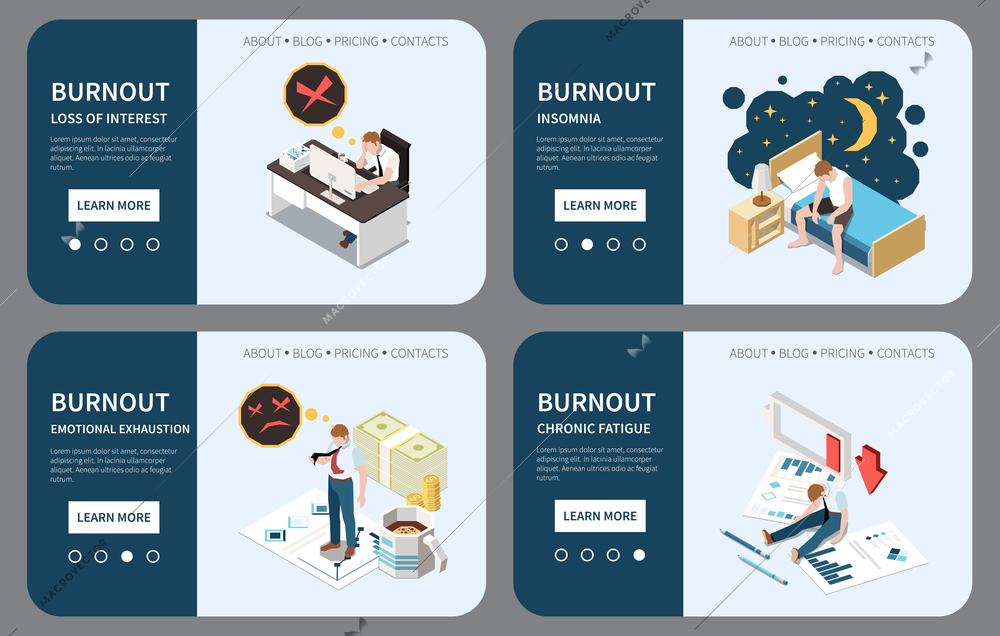 Professional burnout syndrome isometric banner set with emotional stress symbols isolated vector illustration