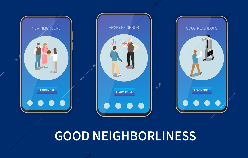 Neighbors isometric icons set with good and bad people communication scenes isolated vector illustration