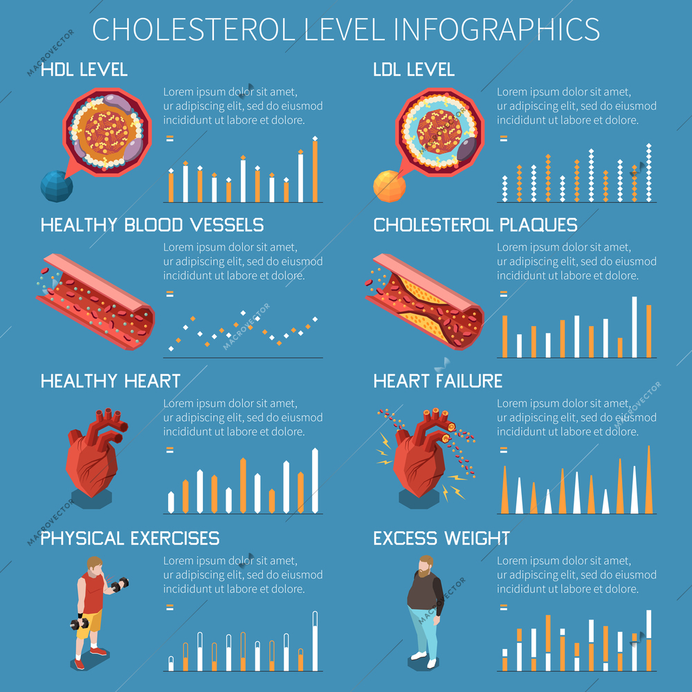 Choedterol isometric infographics with heart failure risk symbols vector illustration