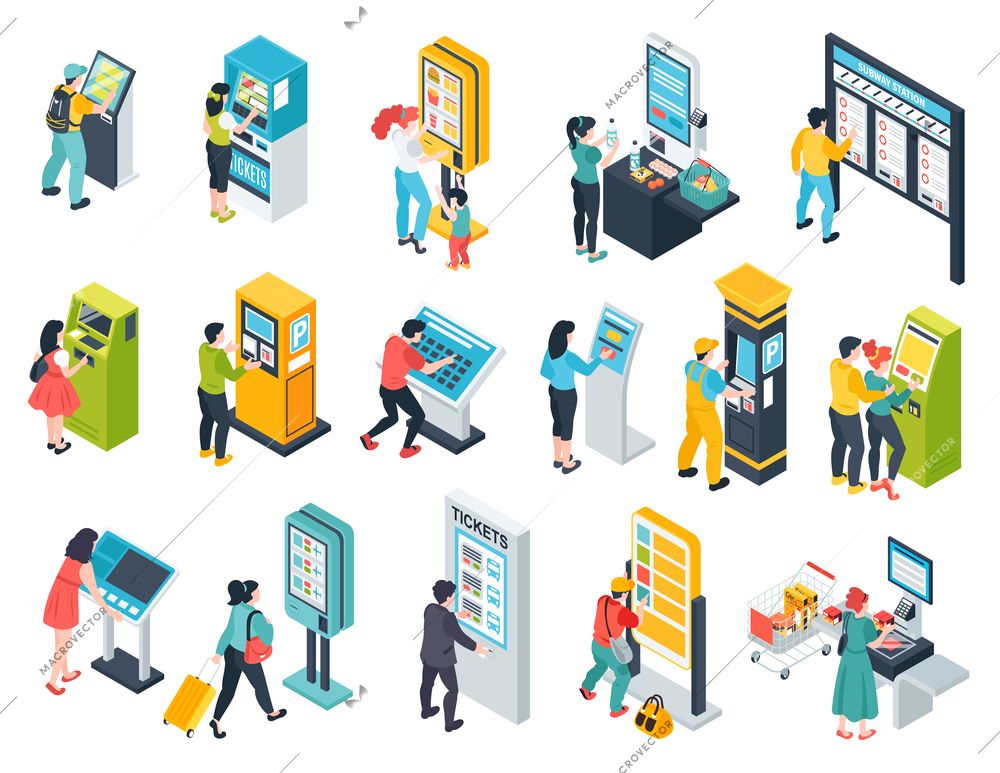 Isometric self service terminal set of isolated icons with electronic touchscreen machines boards and human characters vector illustration