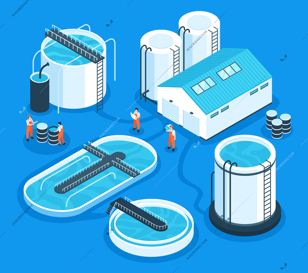 Isometric water purification technology isometric composition with isolated view of aeration station buildings and factory units vector illustration