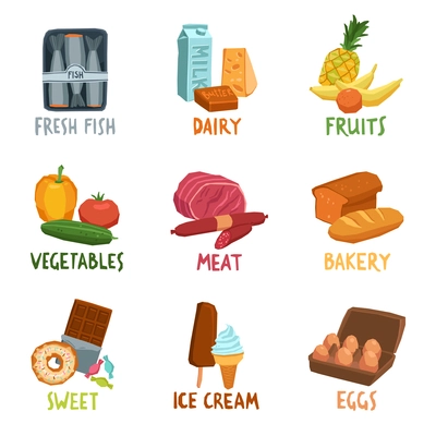 Food flat decorative icons set with fresh fish dairy fruits isolated vector illustration