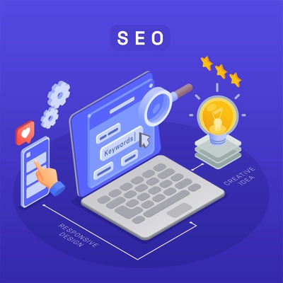 Seo search engine optimization isometric composition with isolated images of lamp bulb smartphone laptop and text vector illustration