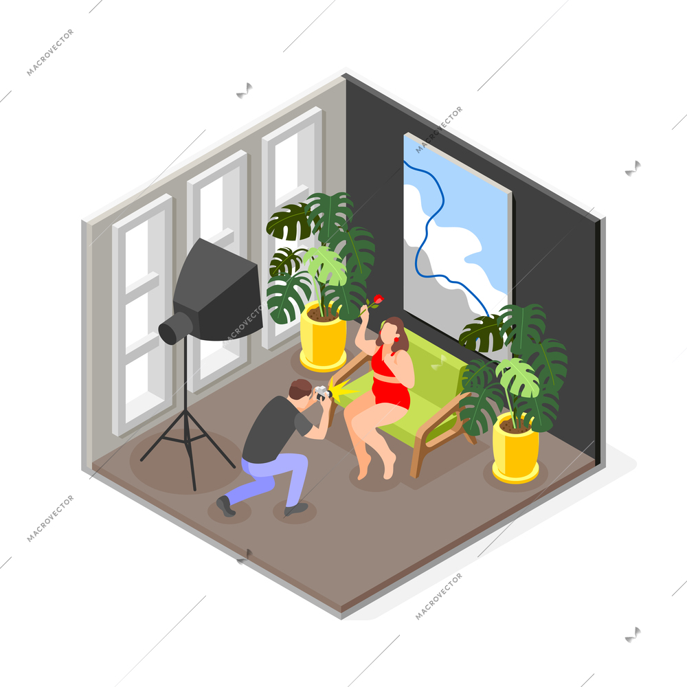 Confident overweight woman model posing during photoshoot with professional photographer isometric composition vector illustration