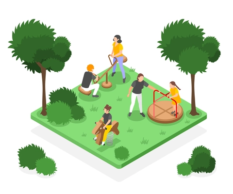 People swinging on different swings on playground isometric composition 3d vector illustration