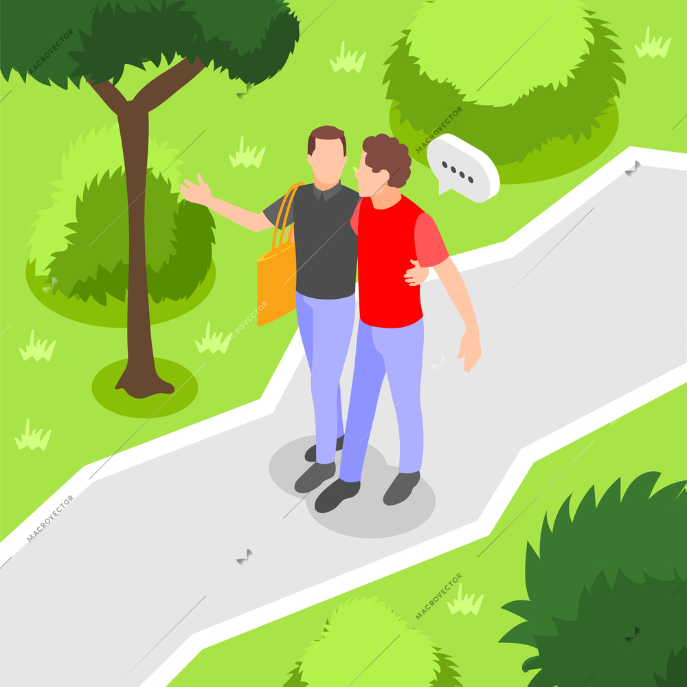 Hugs day concept isometric background with gay couple hugging each other while walking in park 3d vector illustration