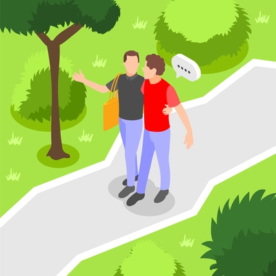 Hugs day concept isometric background with gay couple hugging each other while walking in park 3d vector illustration