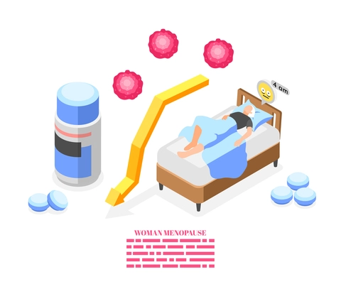 Menopause symptoms composition with pills and woman suffering from insomnia isometric vector illustration