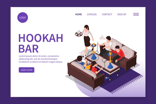 Hookah bar isometric landing page with catalog contact sign up menu options vector illustration