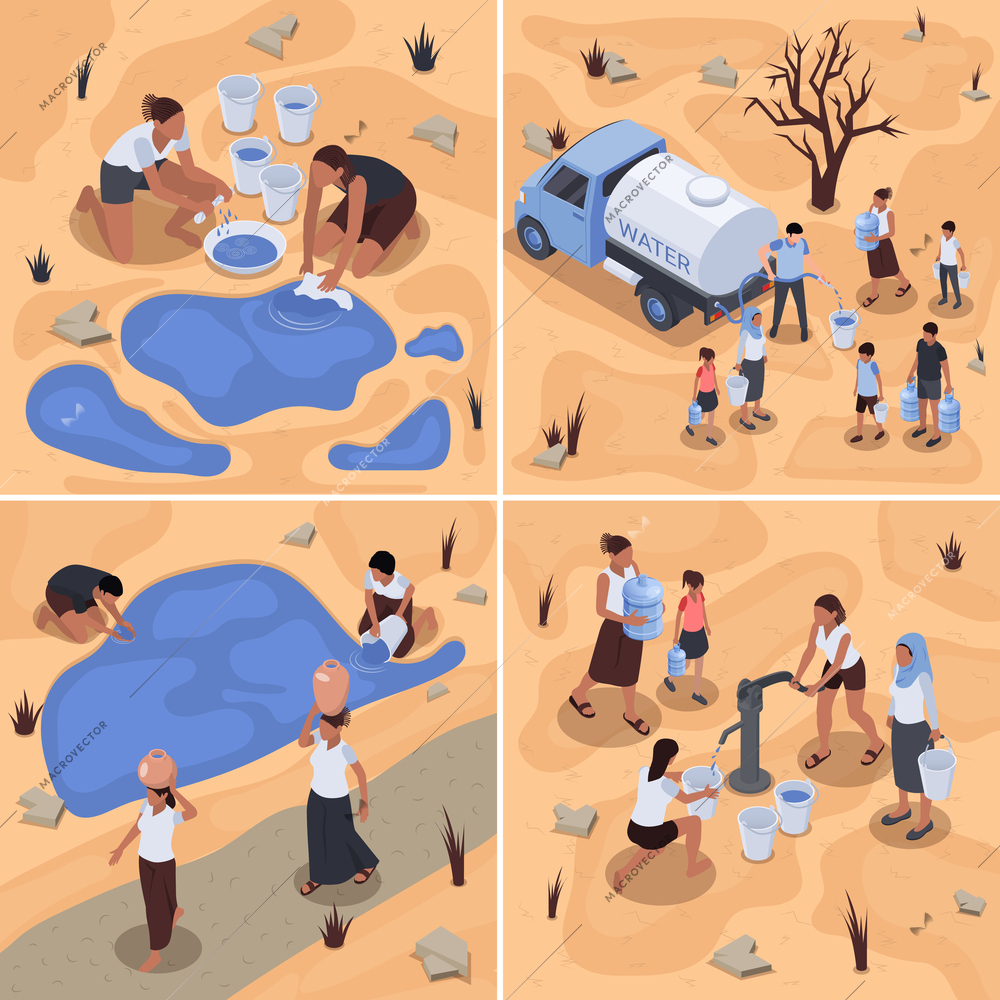 Water scarcity 2x2 design concept  with people fill drinking water from the pump truck and lake in desert area isometric vector illustration