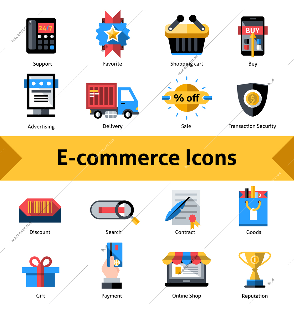 E-commerce commercial security and online shopping icons set isolated vector illustration