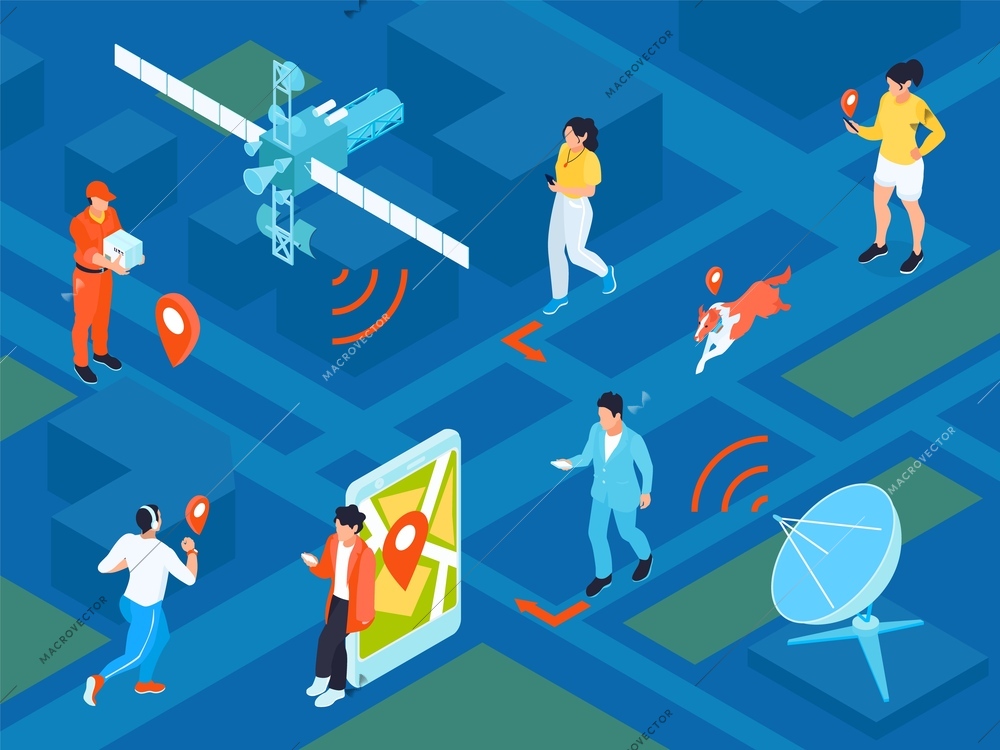 Isometric gps navigation composition with polygonal view of human characters following routes and satellite infrastructure elements vector illustration