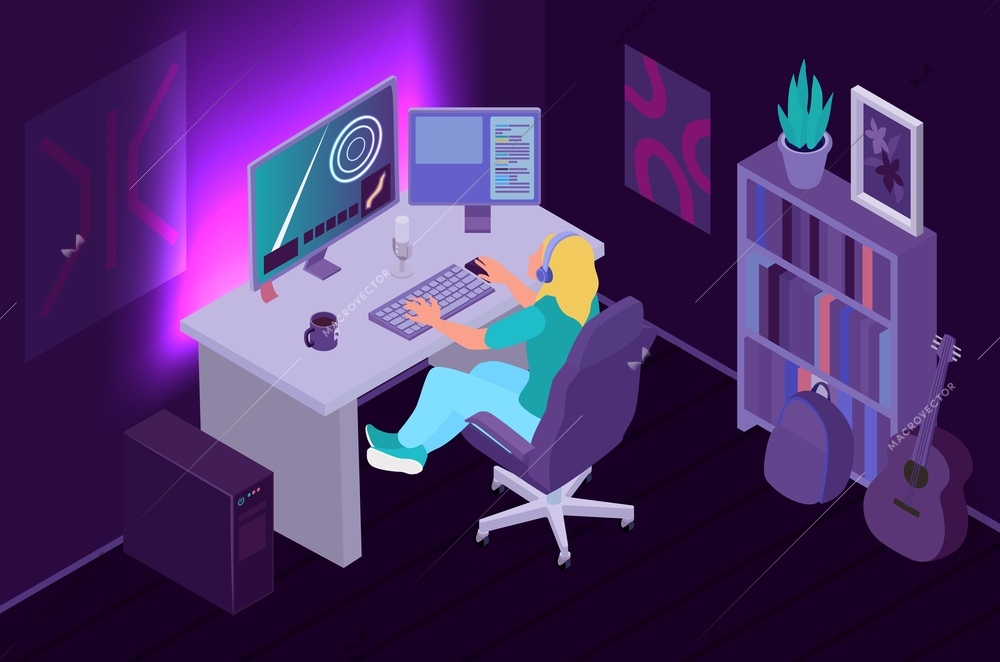 Isometric gamers composition with indoor view of living room with neon lighting and gamer at computer vector illustration