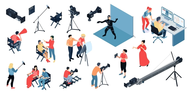 Isometric cinema production cinematography set with isolated icons of shooting equipment with people on blank background vector illustration