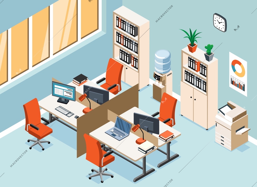 Modern office interior with four workplaces bookcases printer and water cooler isometric vector illustration