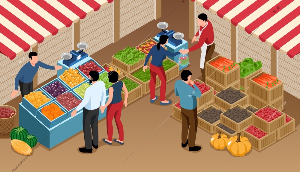 Local farm outdoor market isometric fragment with counters and boxes with fresh fruits and vegetables  vector illustration