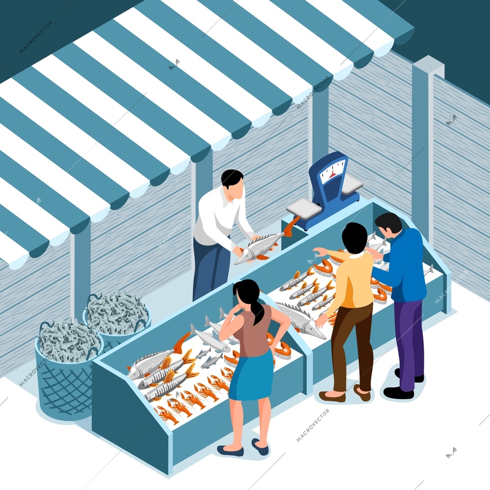 Sea food market isometric background with seller  behind counter offering fresh fish vector illustration