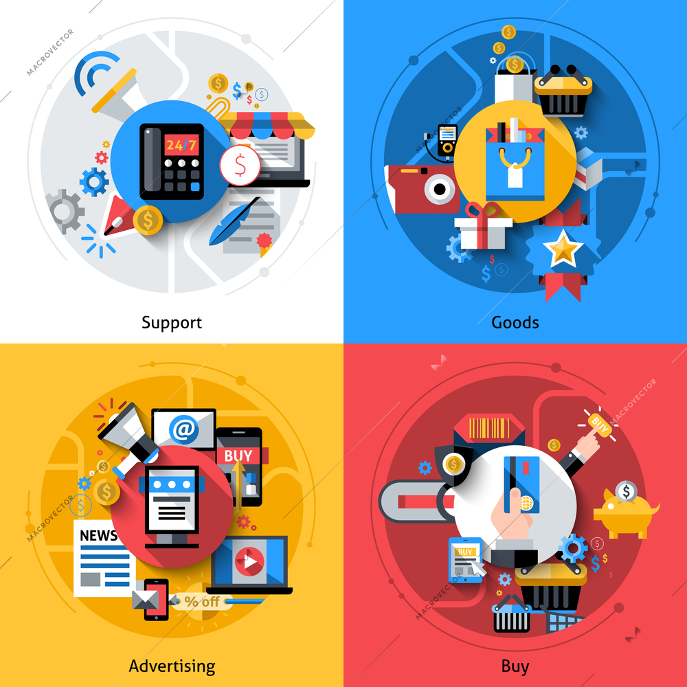 E-commerce design concept set with support goods advertising buy flat icons isolated vector illustration