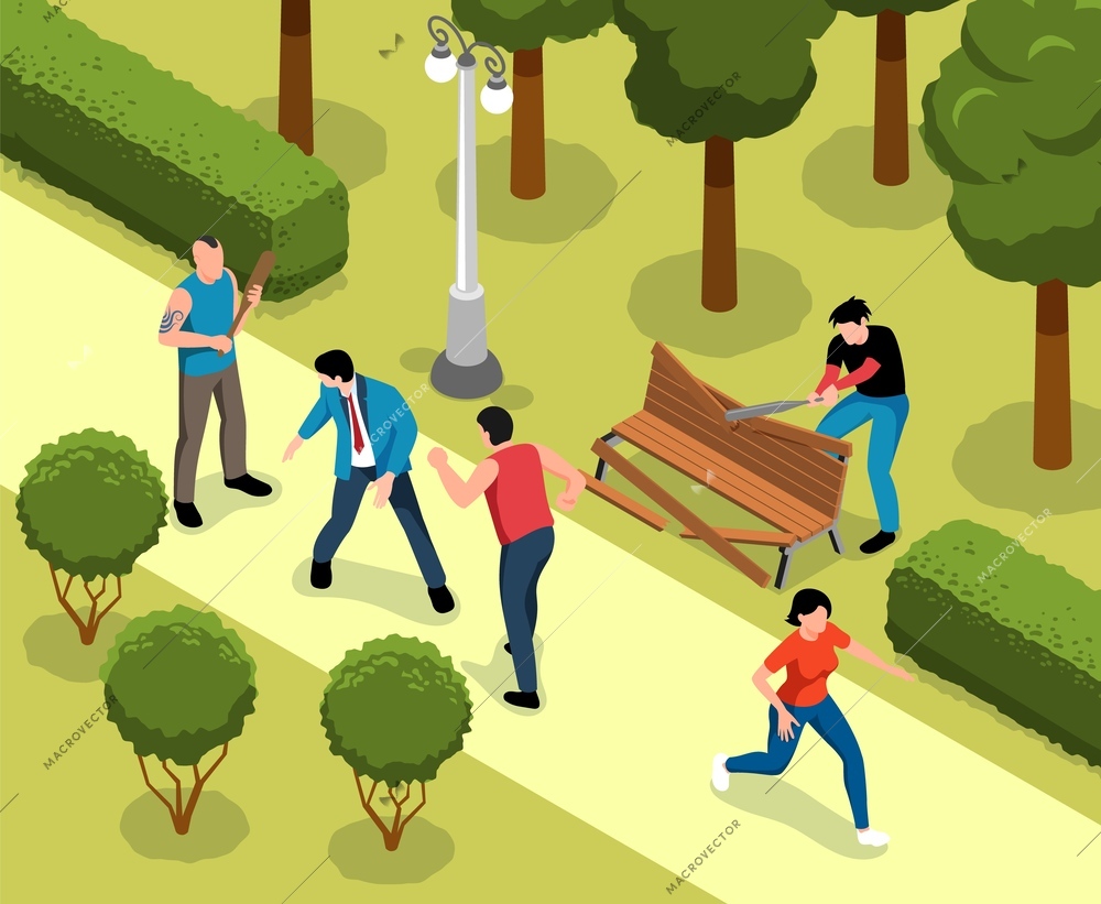 Vandals in city park isometric illustration with group of hooligan fighting and damaging public property vector illustration