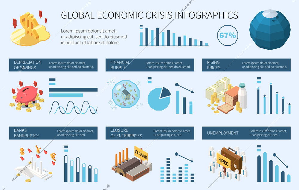 Inflation recession financial economic crisis downfall isometric infographics with text and compositions of icons and graphs vector illustration