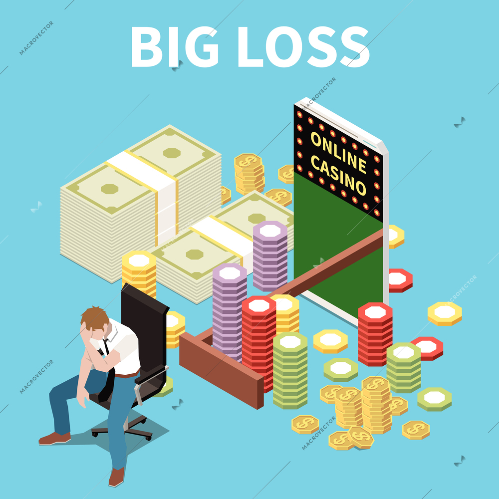 Online lottery gambling casino isometric composition with text and unlucky player with money and chip stacks vector illustration