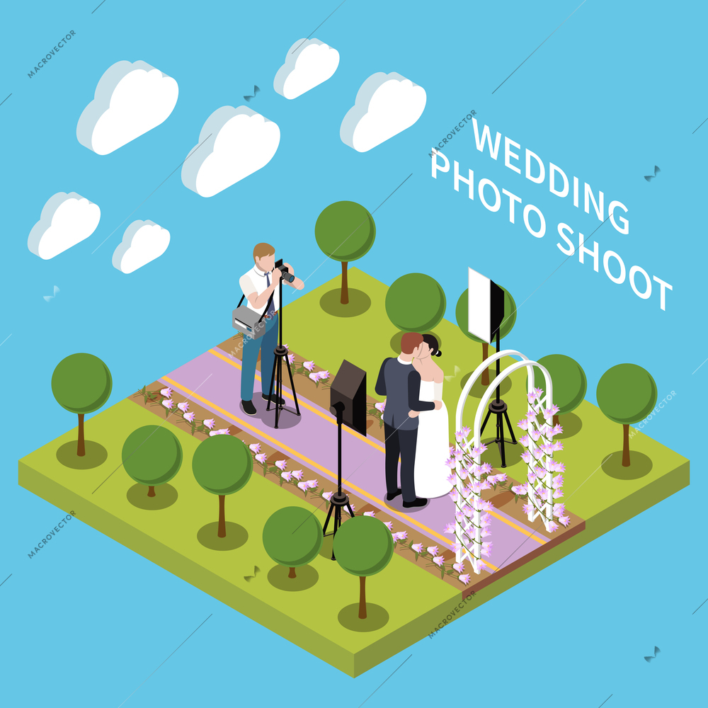 Wedding ceremony marriage isometric composition with text and view of photographer shooting couple in garden scenery vector illustration