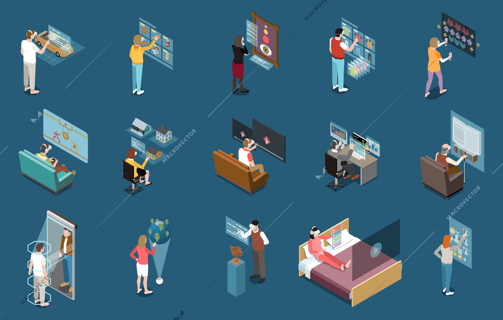 Virtual augmented reality set with isometric icons and isolated images with human characters using vr technologies vector illustration
