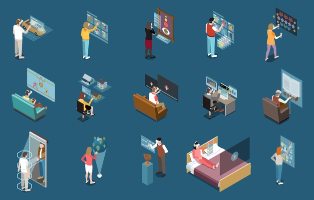 Virtual augmented reality set with isometric icons and isolated images with human characters using vr technologies vector illustration