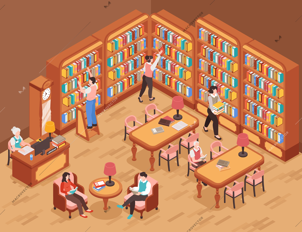 Library background with books and reading symbols isometric vector illustration