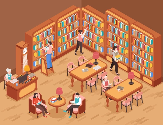 Library background with books and reading symbols isometric vector illustration