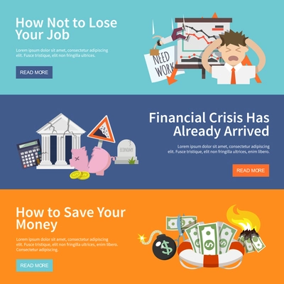 Economic crisis horizontal banners set with job loss money save flat elements isolated vector illustration