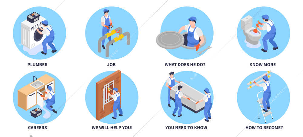 Plumber round set with career and help symbols isometric isolated vector illustration