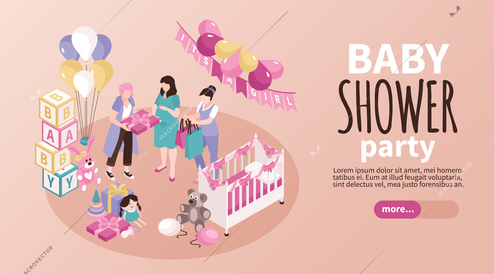 Baby shower horizontal banner with congratulation symbols isometric vector illustration