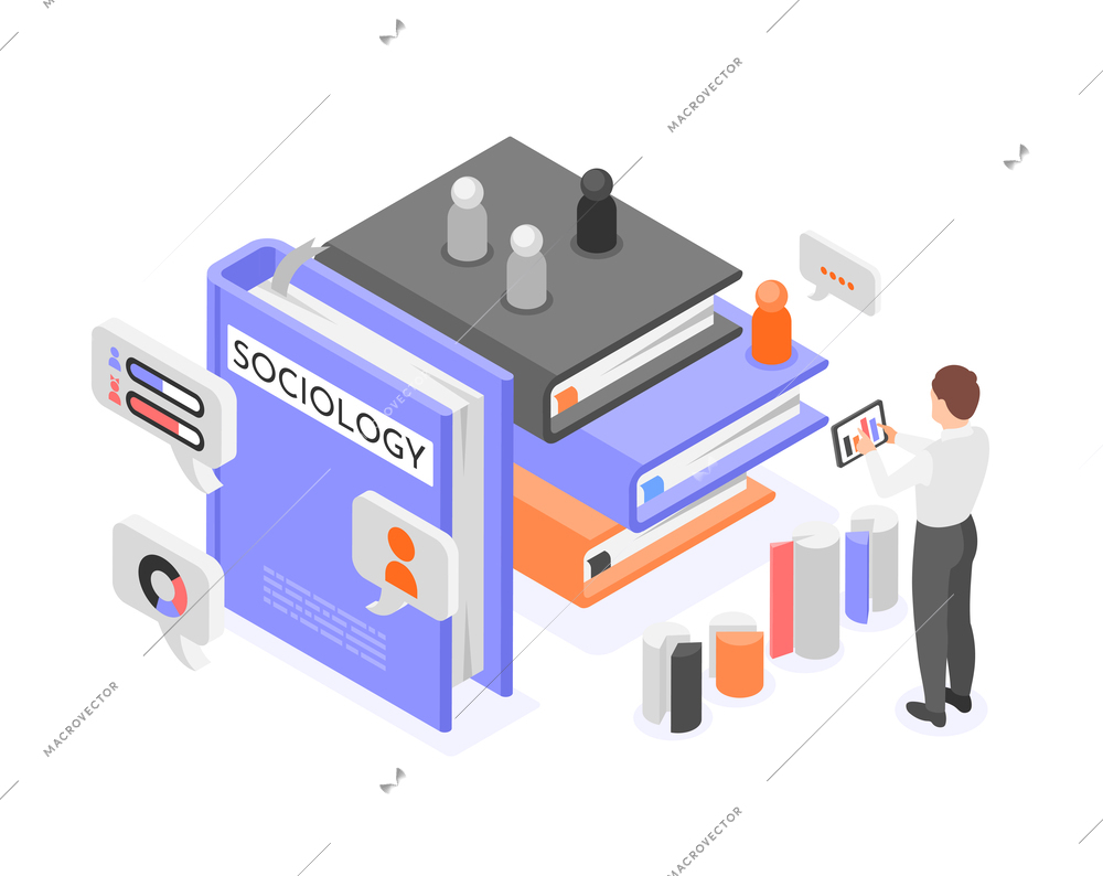 Isometric composition with isolated stack of books on sociology bar chart and human character with tablet vector illustration