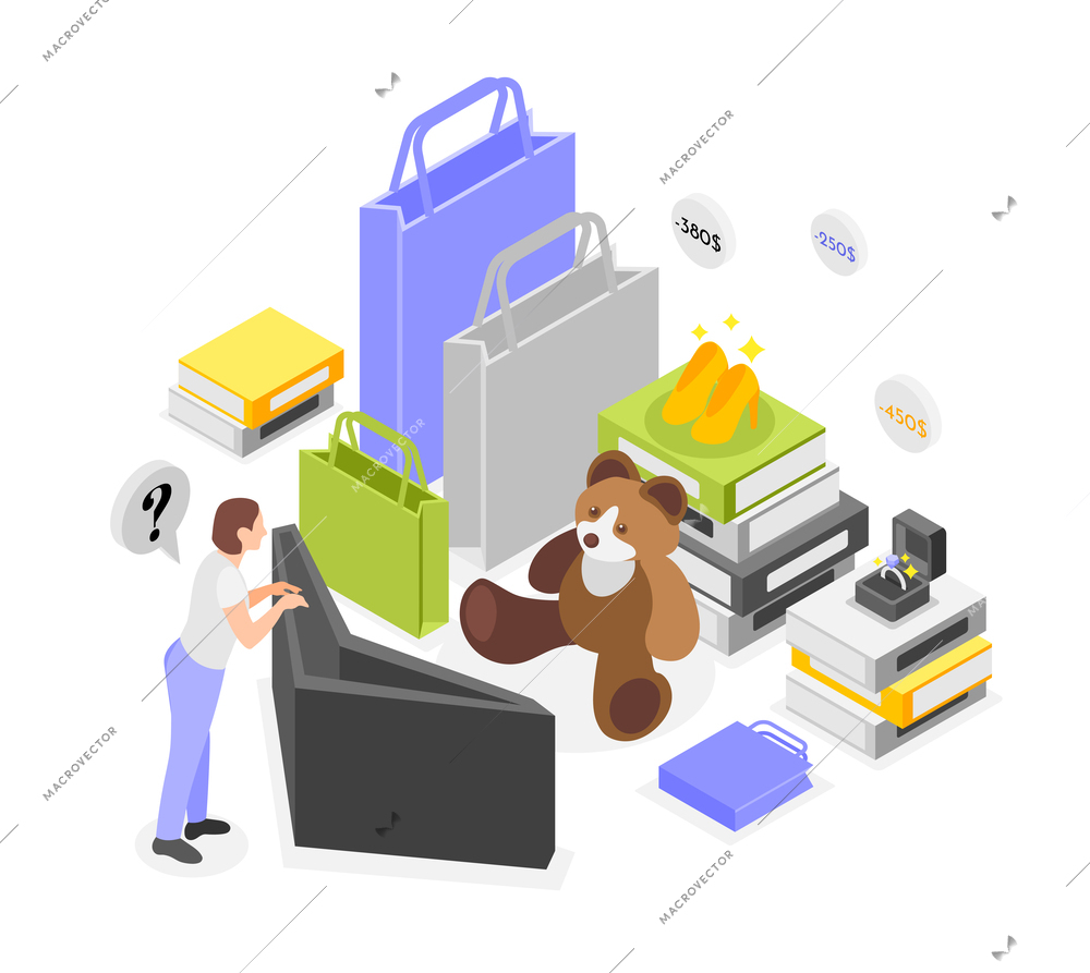 Excess spending isometric composition with female character looking into empty wallet and purchases with price icons vector illustration