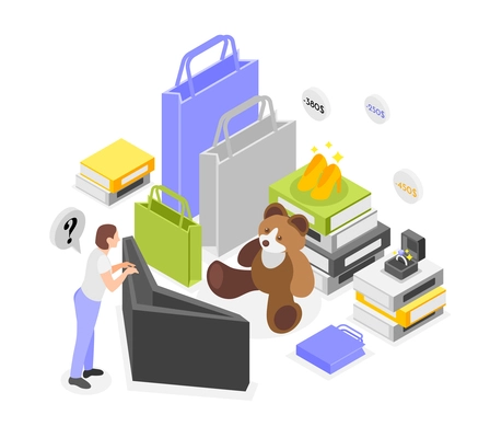 Excess spending isometric composition with female character looking into empty wallet and purchases with price icons vector illustration