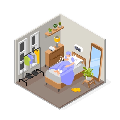 Asthma symptoms and treatment isometric composition with isolated view of bedroom interior with coughing patient character vector illustration