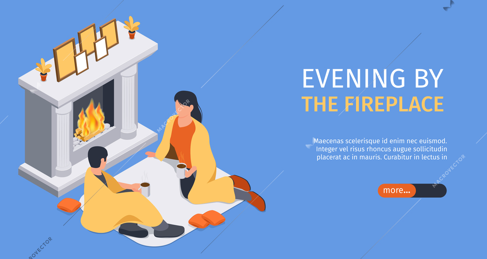 Isometric fireplaces horizontal banner with editable text slider more button and images of couple and chimney vector illustration