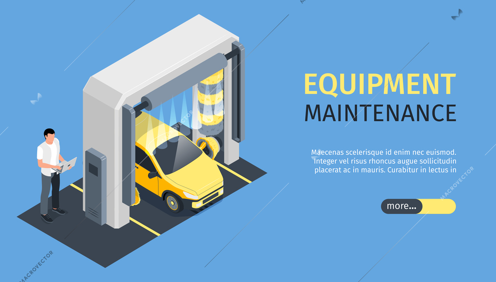 Isometric automated car wash horizontal banner with editable text slider more button and car under shower vector illustration