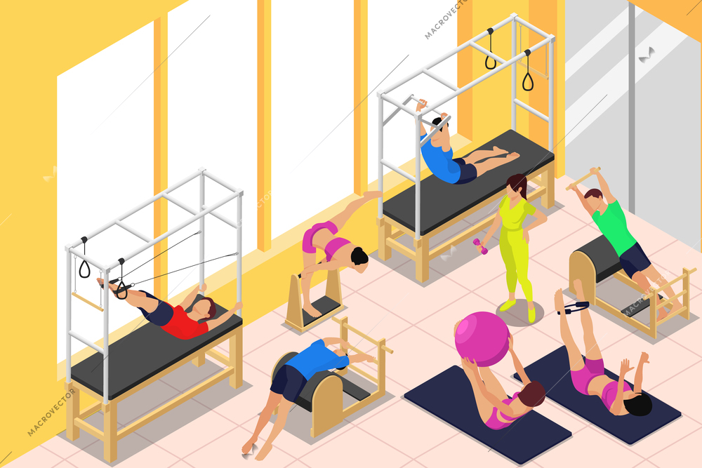 Pilates isometric composition with indoor view of gymnasium with sport apparatus and characters of practicing people vector illustration
