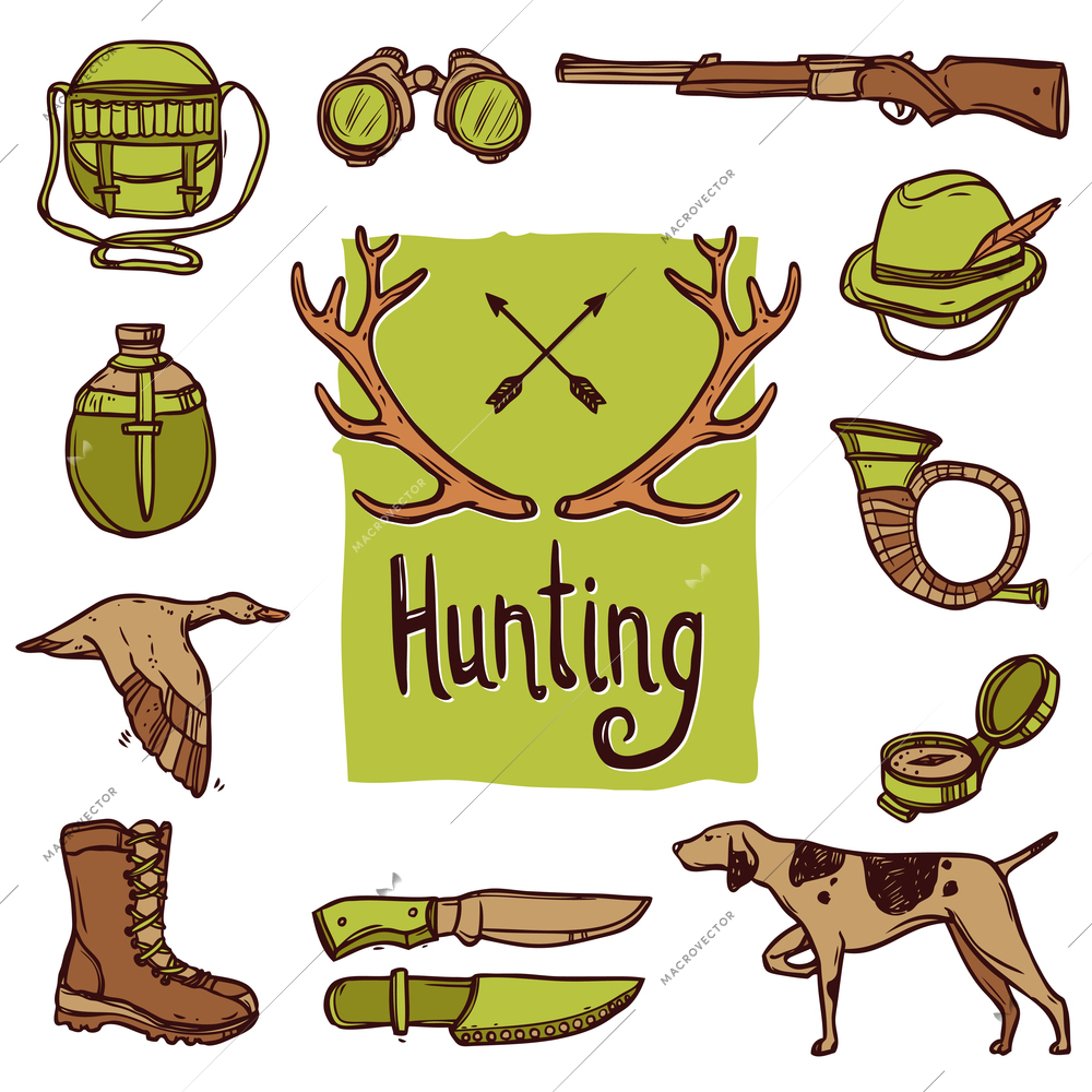 Hunting hand drawn icons set with dog weapon deer horns isolated vector illustration