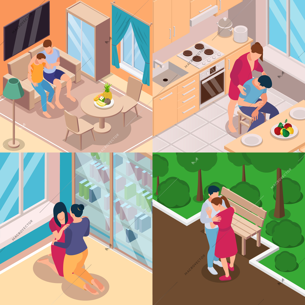 People support isometric set with four square compositions of indoor and outdoor scenes with human characters vector illustration